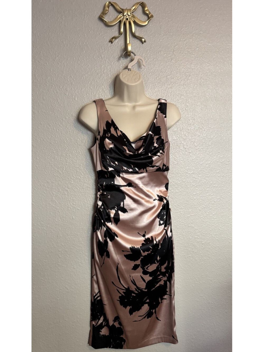 Maggy London Women's Size 4 Pink Black Floral Satin Sheath Dress with Cowl Neck